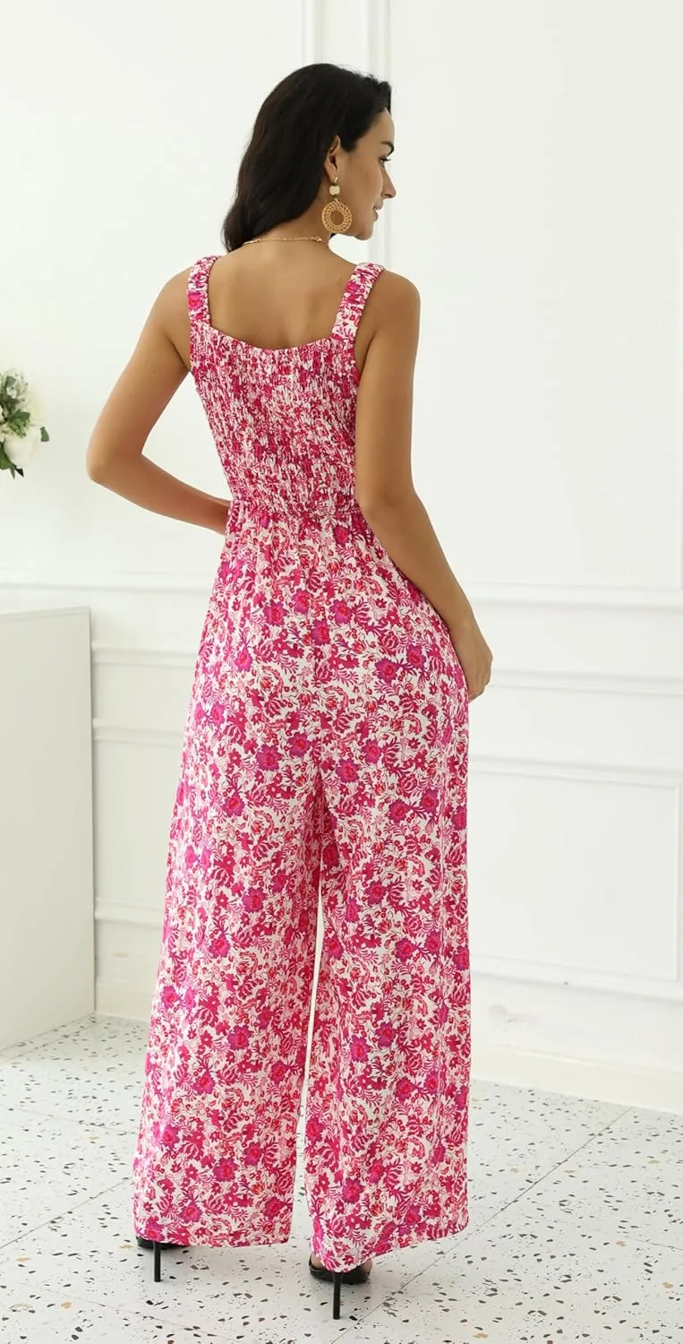 2025 Women’s Summer Dressy Causal Jumpsuit Wide Leg Floral Boho Jumpsuit