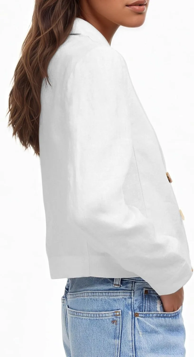 2025 Womens Summer Linen Blazer Cropped Lightweight Double Breasted Trendy Casual Work Office Suit Jackets