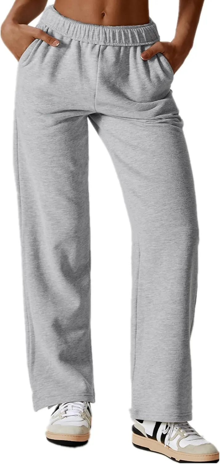 ABOCIW Women's Fleece Lined Wide Leg Sweatpants Elastic High Waisted Baggy Athletic Joggers Pants with Pockets