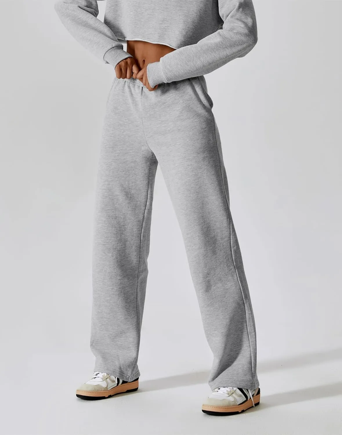 ABOCIW Women's Fleece Lined Wide Leg Sweatpants Elastic High Waisted Baggy Athletic Joggers Pants with Pockets
