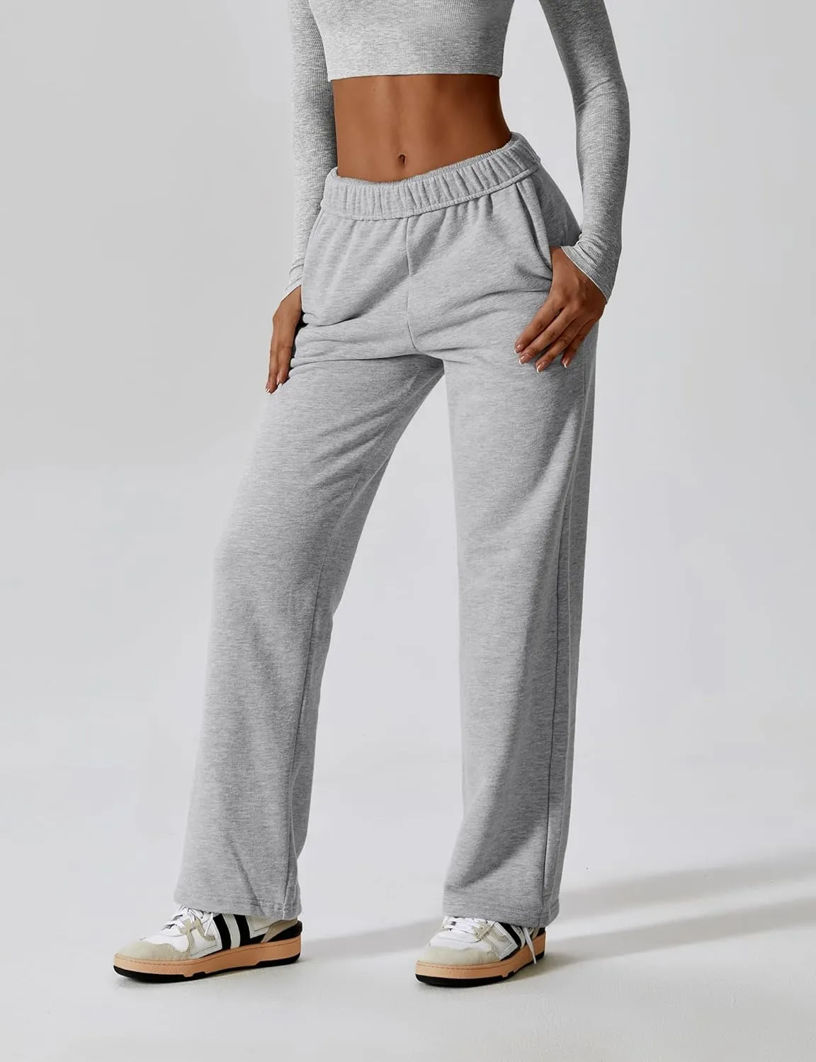 ABOCIW Women's Fleece Lined Wide Leg Sweatpants Elastic High Waisted Baggy Athletic Joggers Pants with Pockets