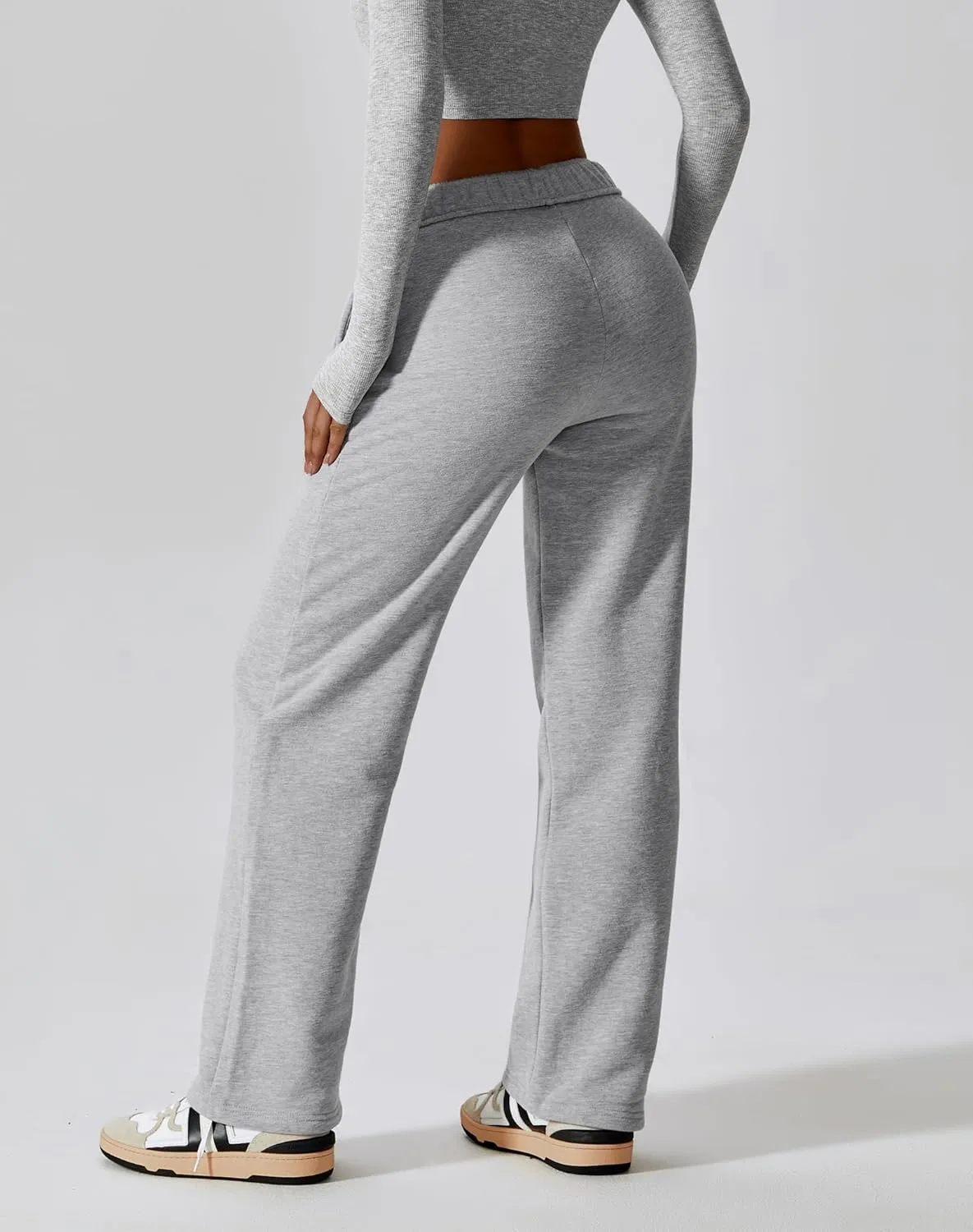 ABOCIW Women's Fleece Lined Wide Leg Sweatpants Elastic High Waisted Baggy Athletic Joggers Pants with Pockets