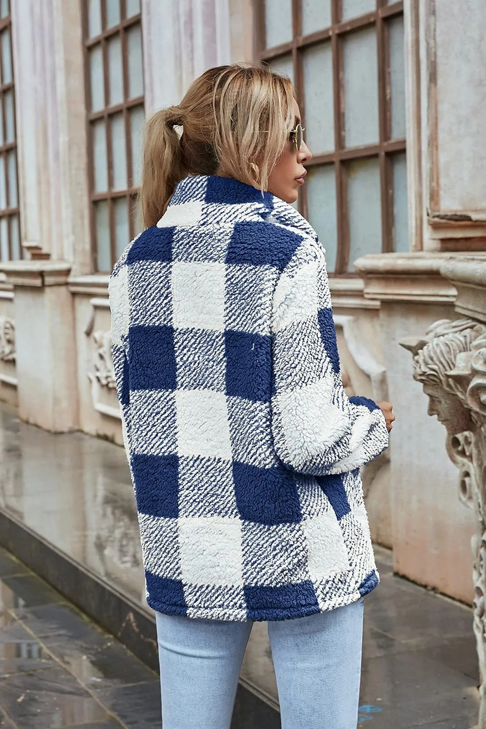 AKEWEI Women Faux Fleece Sweatshirt Fuzzy Button Pullover Coat with Pocket