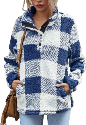 AKEWEI Women Faux Fleece Sweatshirt Fuzzy Button Pullover Coat with Pocket