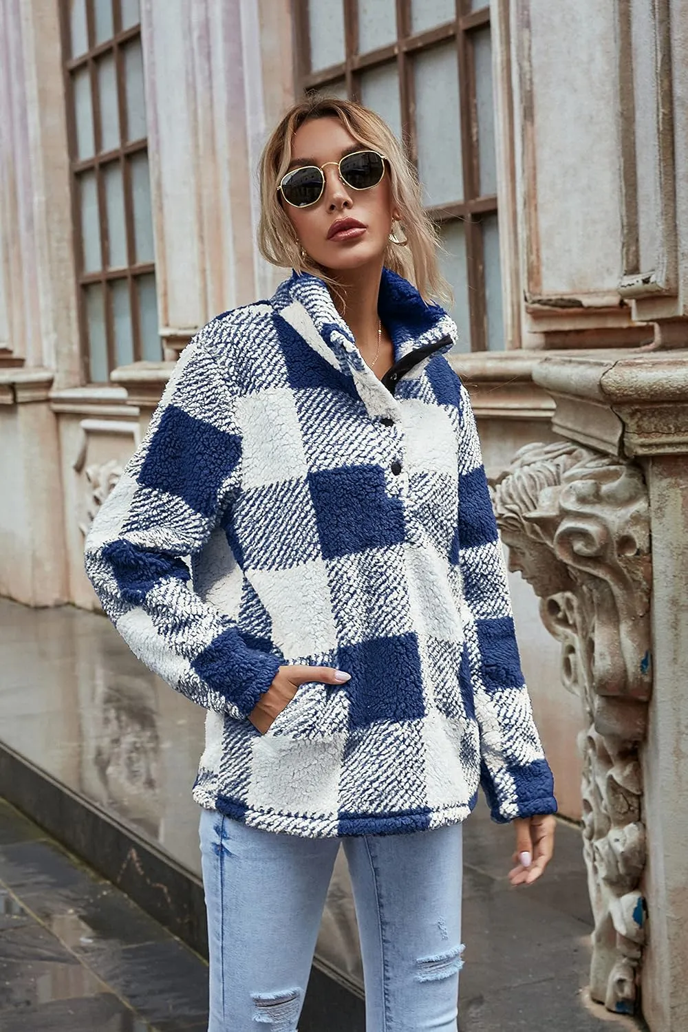 AKEWEI Women Faux Fleece Sweatshirt Fuzzy Button Pullover Coat with Pocket