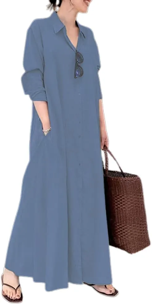 Akivide Womens Cotton Linen Shirt Dress Long Sleeve Button Down Casual Loose Maxi Dress with Pockets