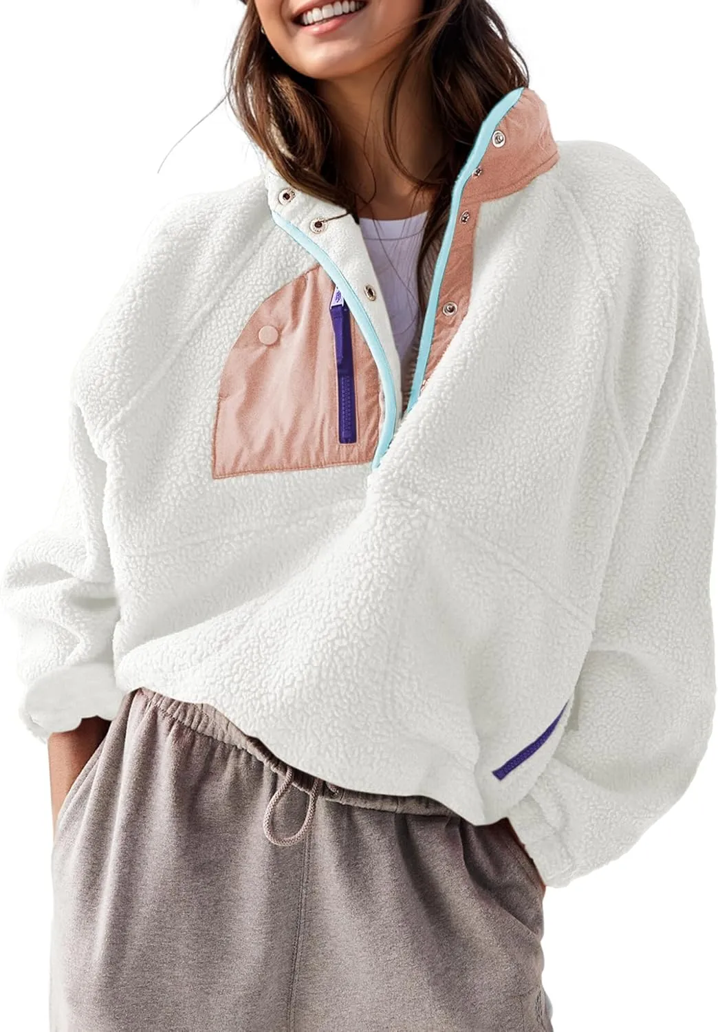 AMEBELLE Women’s Lightweight Fleece Pullover Jacket Cropped Fall Winter Fuzzy Sherpa Jacket Sweatshirt Coat with Pockets