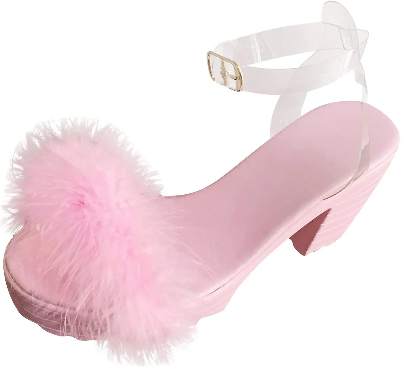 Aniywn Womens Platform Faux Fur Sandals Chunky Heel Open Toe Ankle Strap Summer High Heeled Dress Pumps Shoes