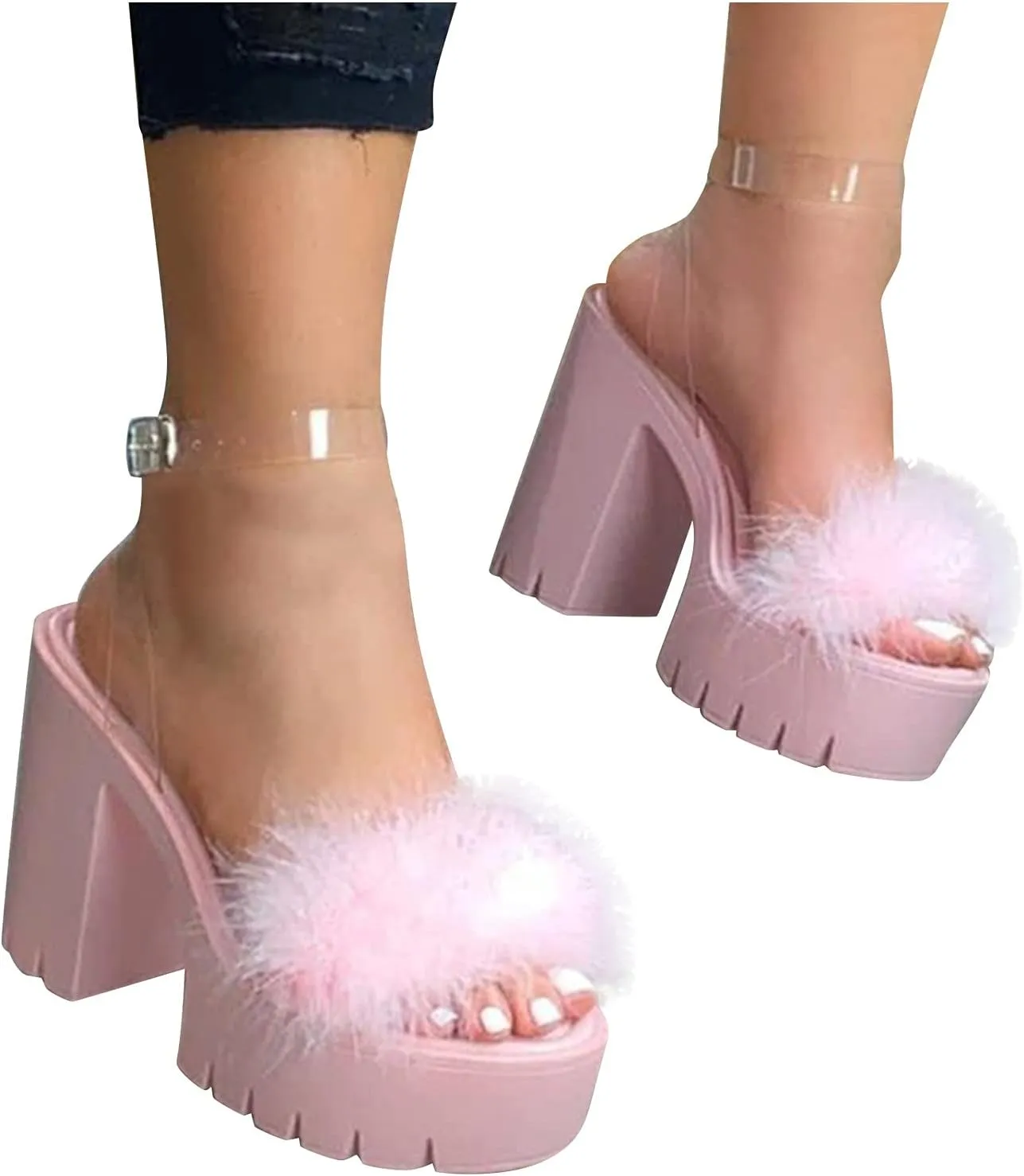 Aniywn Womens Platform Faux Fur Sandals Chunky Heel Open Toe Ankle Strap Summer High Heeled Dress Pumps Shoes