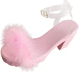 Aniywn Womens Platform Faux Fur Sandals Chunky Heel Open Toe Ankle Strap Summer High Heeled Dress Pumps Shoes