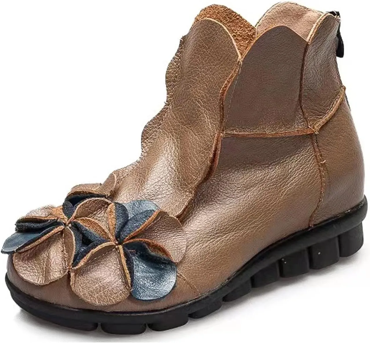AUNTHUI Women's Leather Fleece Hand-Stitched Wedge Bohemian Flower Ankle Boots,Back Zipper Warm Non-Slip Retro Casual Shoes
