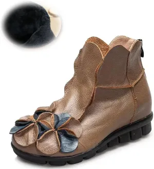 AUNTHUI Women's Leather Fleece Hand-Stitched Wedge Bohemian Flower Ankle Boots,Back Zipper Warm Non-Slip Retro Casual Shoes