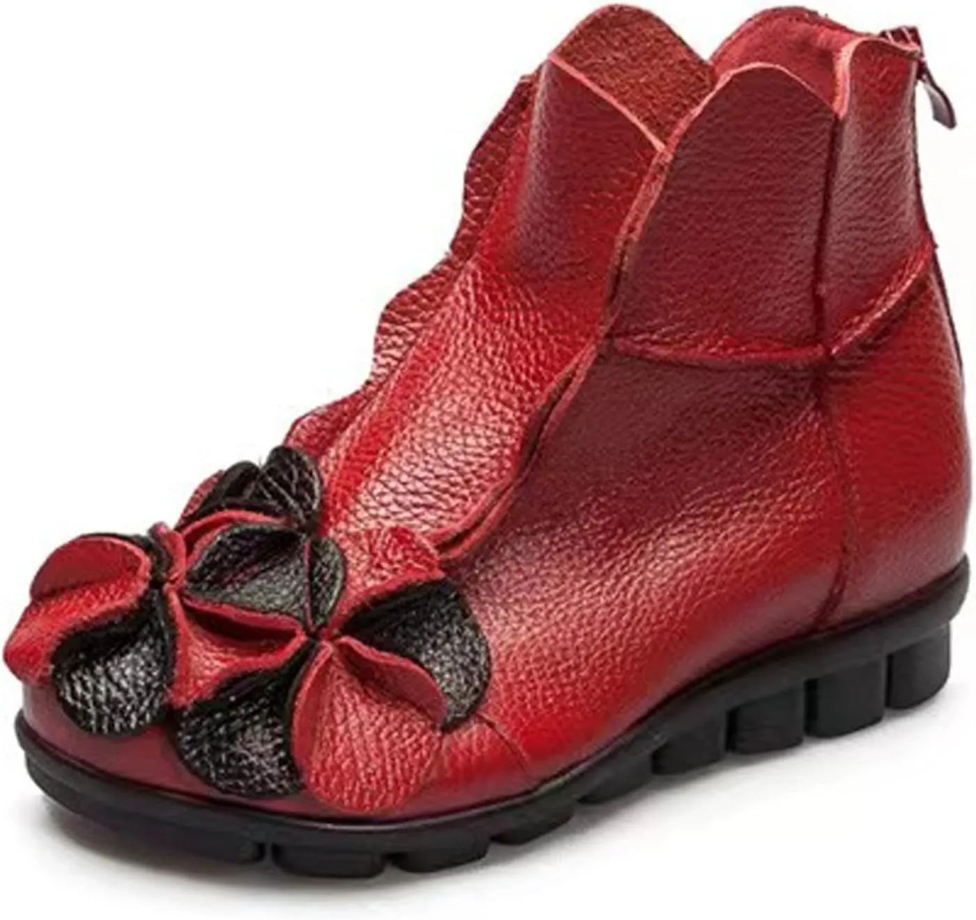 AUNTHUI Women's Leather Fleece Hand-Stitched Wedge Bohemian Flower Ankle Boots,Back Zipper Warm Non-Slip Retro Casual Shoes