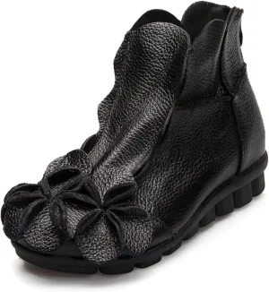AUNTHUI Women's Leather Fleece Hand-Stitched Wedge Bohemian Flower Ankle Boots,Back Zipper Warm Non-Slip Retro Casual Shoes