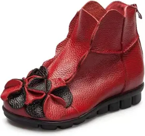 AUNTHUI Women's Leather Fleece Hand-Stitched Wedge Bohemian Flower Ankle Boots,Back Zipper Warm Non-Slip Retro Casual Shoes