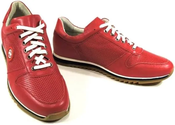 Baldinini Men's Red Leather Sneakers, Perforated Design, White Laces, Comfort Fashion Athletic Shoes 40 EU
