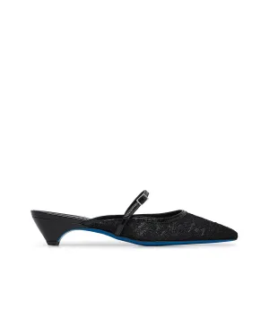 Black lace and nappa leather mules