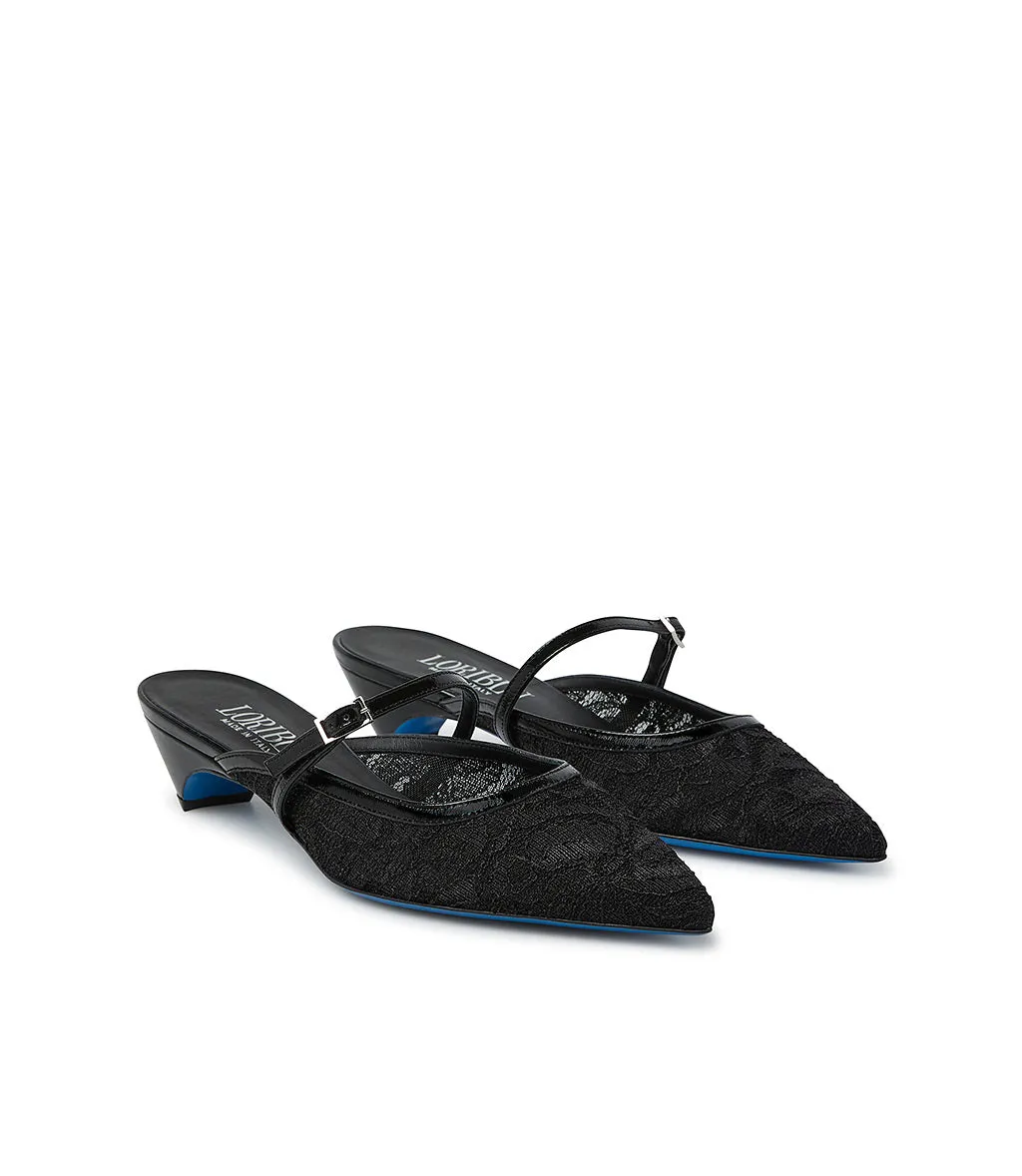 Black lace and nappa leather mules