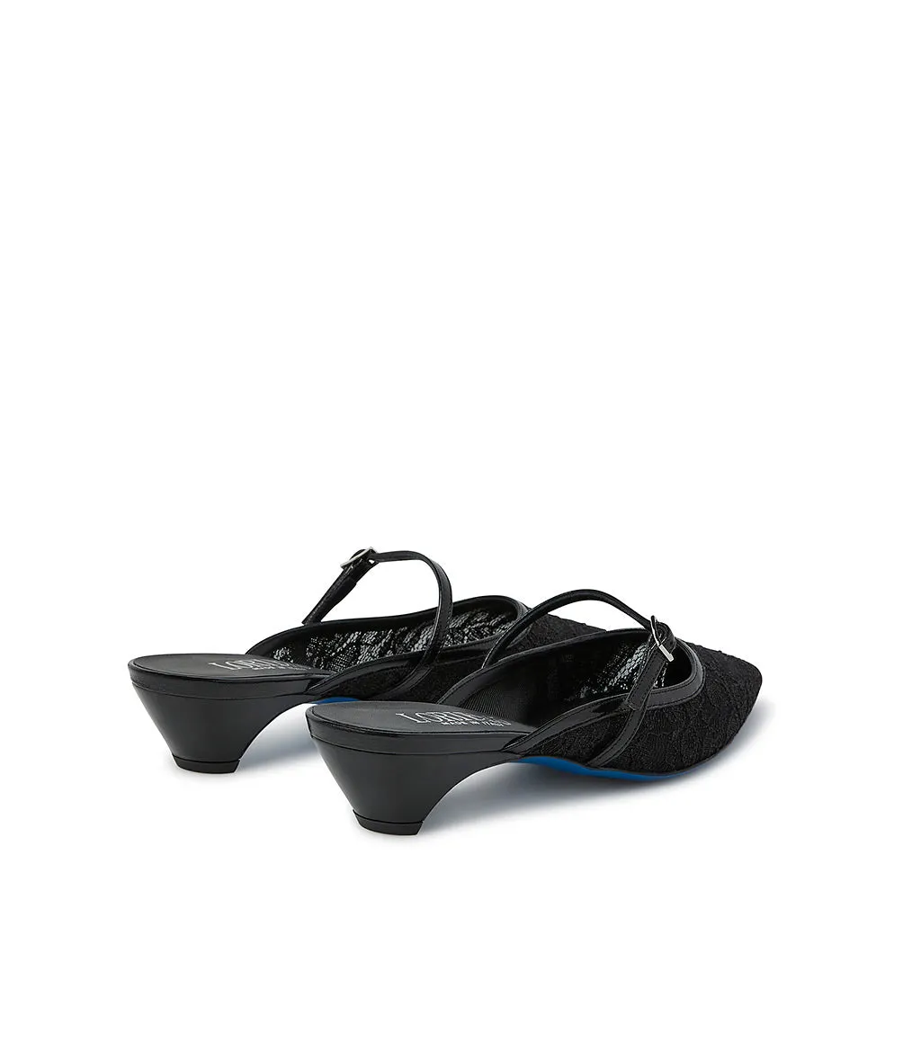 Black lace and nappa leather mules