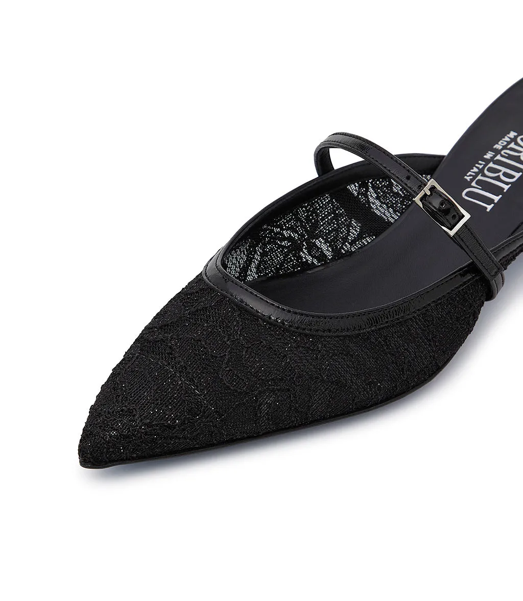 Black lace and nappa leather mules
