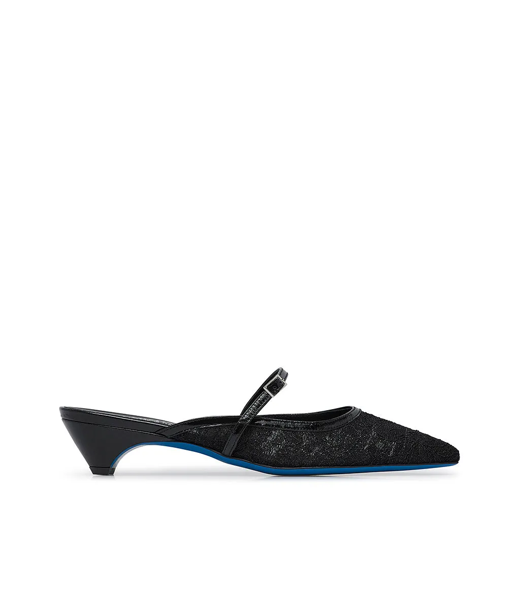 Black lace and nappa leather mules