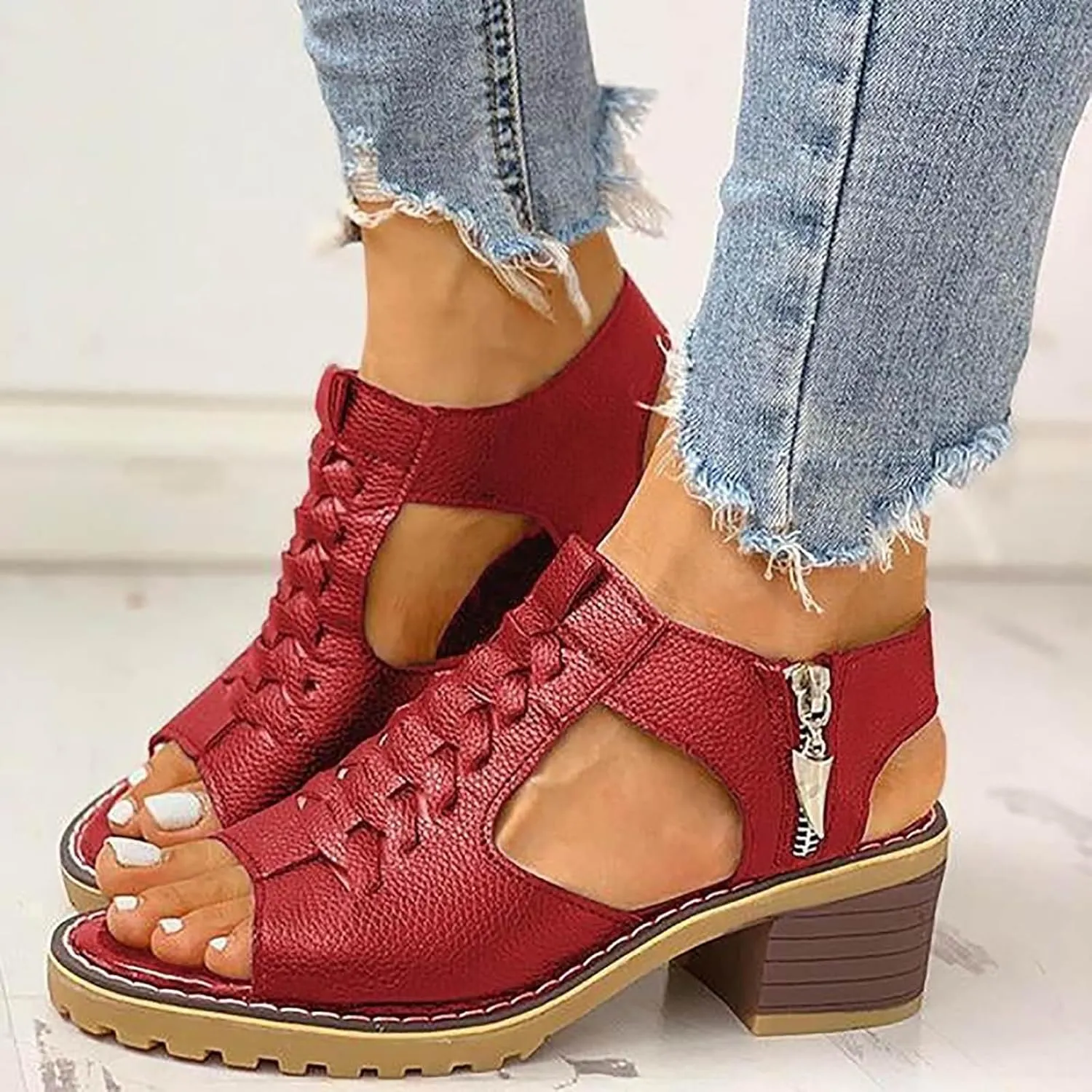 Block Heel Sandals for Women,Comfortable Open Toe Low Chunky Heels Dress Sandal Womens Mid Women‘s Dressy Summer Side Zipper Ankle Strap Classic Fashion Party Straps Comfortable Walking Shoes