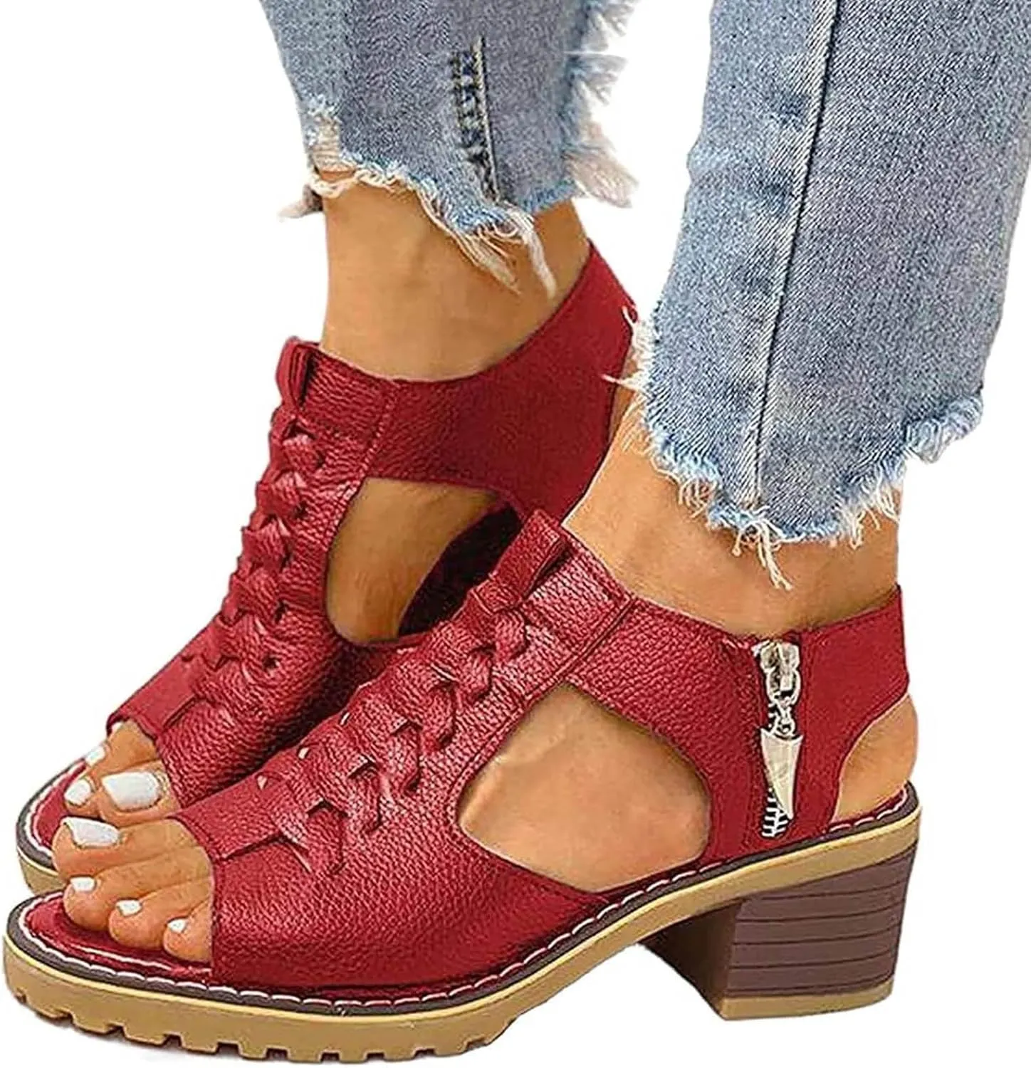 Block Heel Sandals for Women,Comfortable Open Toe Low Chunky Heels Dress Sandal Womens Mid Women‘s Dressy Summer Side Zipper Ankle Strap Classic Fashion Party Straps Comfortable Walking Shoes