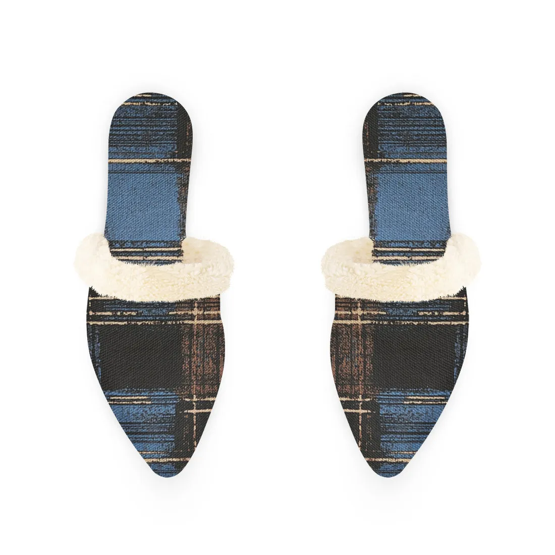 Blue Plaid Fur-Lined Slippers