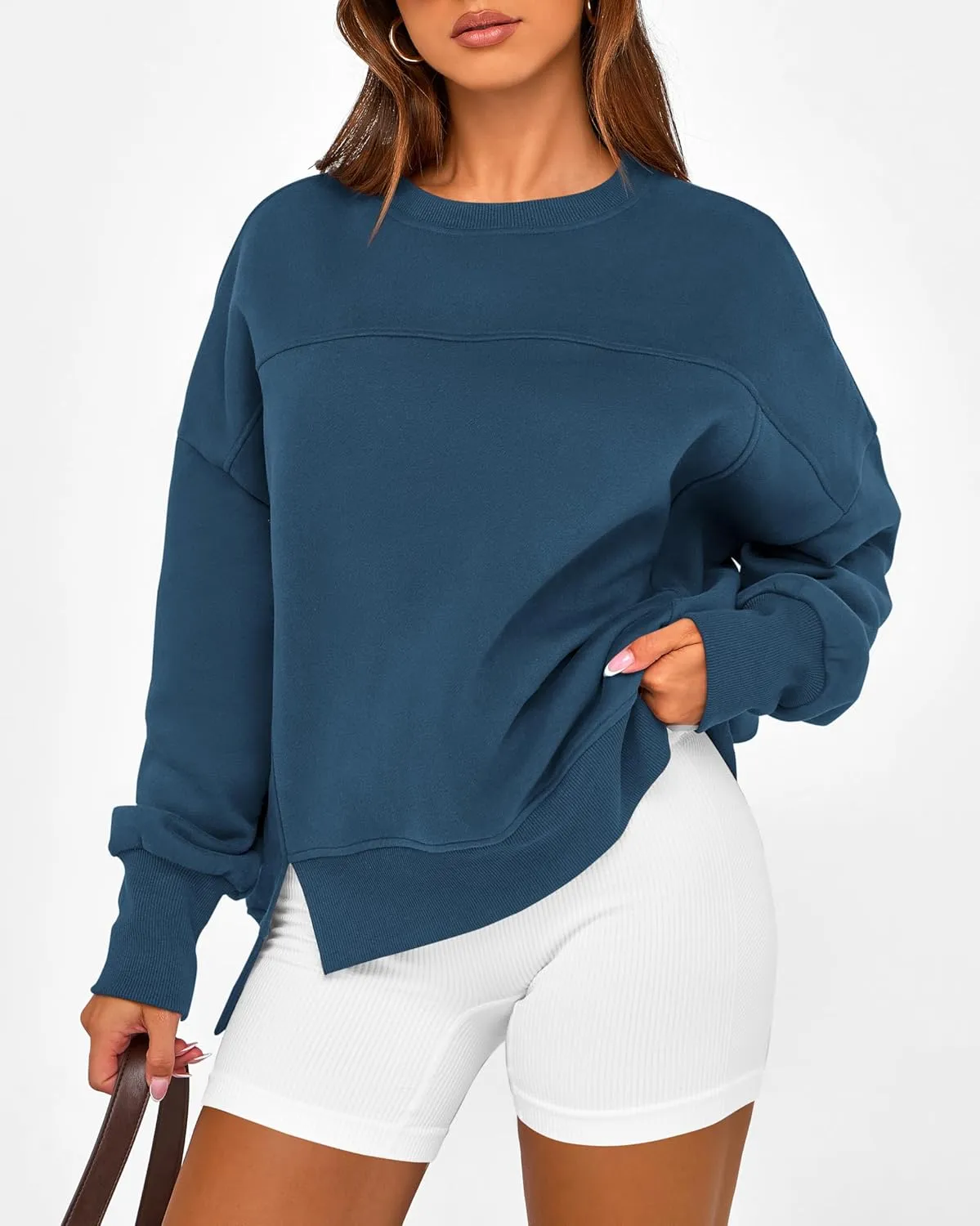 BTFBM Women's Casual Crewneck Sweatshirts 2025 Spring Fall Clothes Long Sleeve Side Slit Workout Fleece Pullover Tops