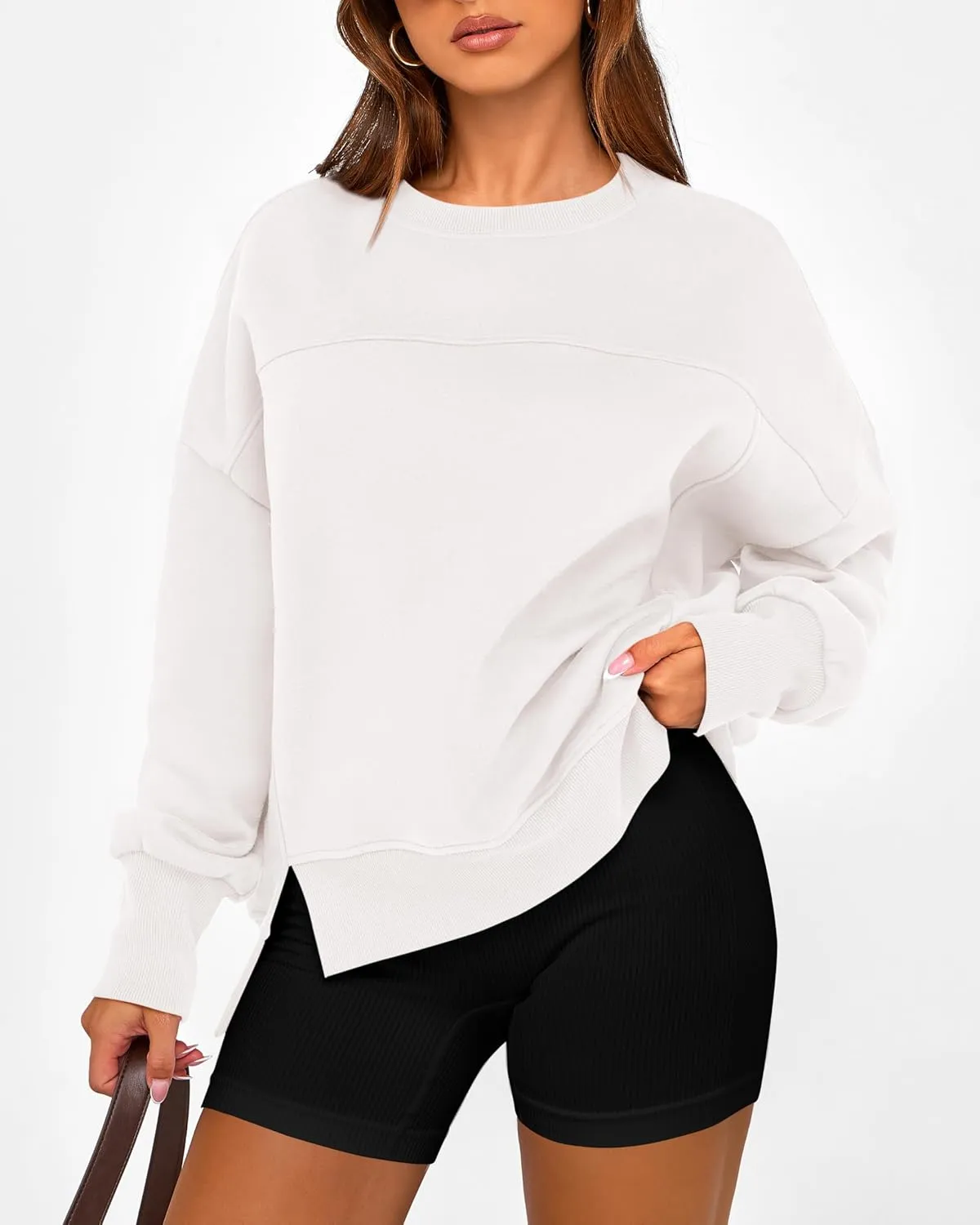 BTFBM Women's Casual Crewneck Sweatshirts 2025 Spring Fall Clothes Long Sleeve Side Slit Workout Fleece Pullover Tops