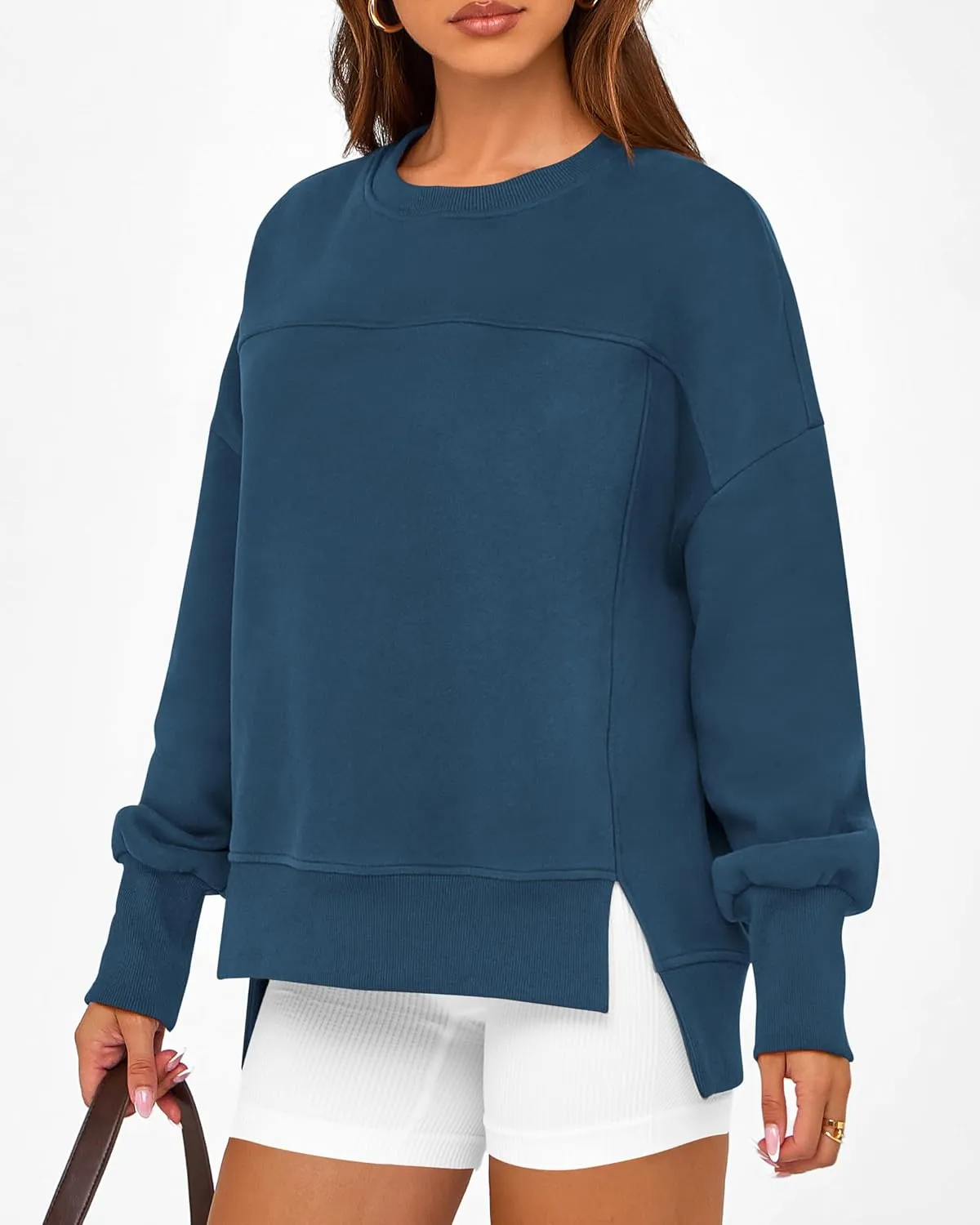 BTFBM Women's Casual Crewneck Sweatshirts 2025 Spring Fall Clothes Long Sleeve Side Slit Workout Fleece Pullover Tops
