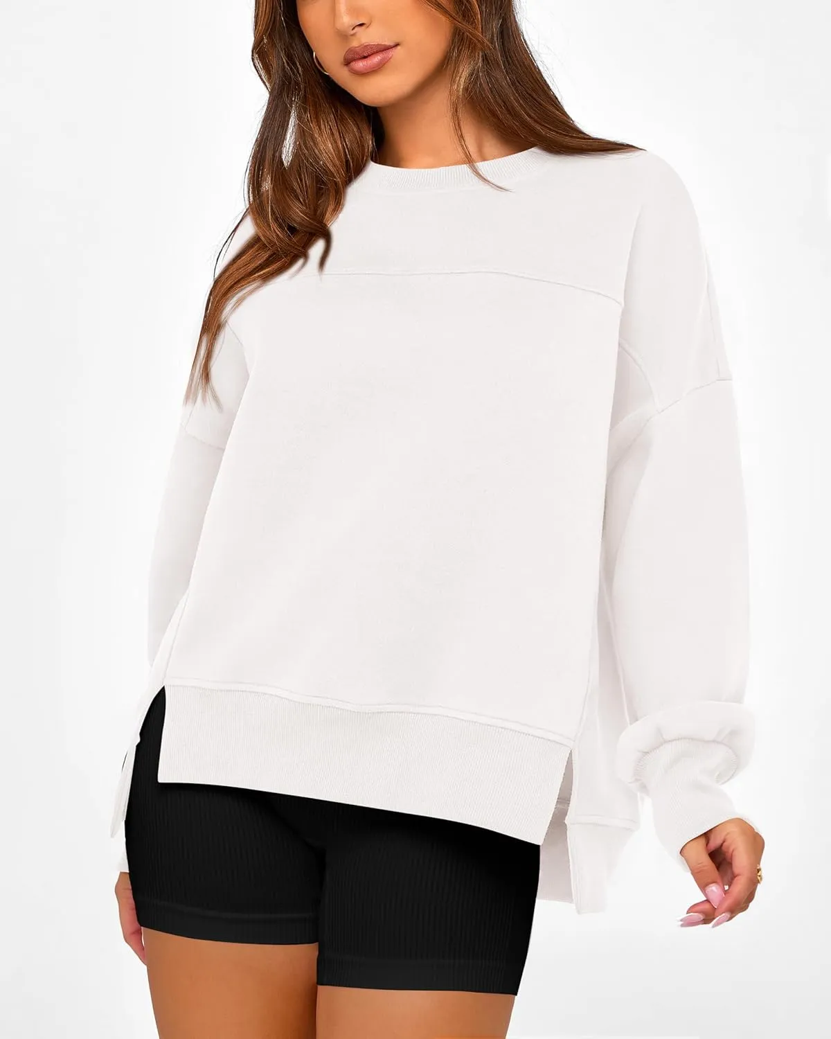 BTFBM Women's Casual Crewneck Sweatshirts 2025 Spring Fall Clothes Long Sleeve Side Slit Workout Fleece Pullover Tops