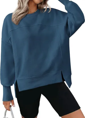 BTFBM Women's Casual Crewneck Sweatshirts 2025 Spring Fall Clothes Long Sleeve Side Slit Workout Fleece Pullover Tops