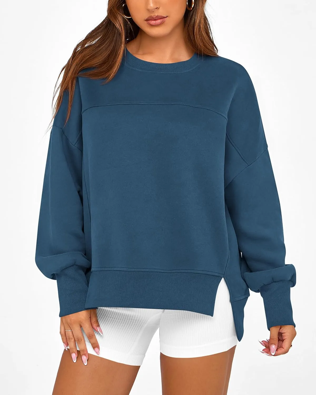 BTFBM Women's Casual Crewneck Sweatshirts 2025 Spring Fall Clothes Long Sleeve Side Slit Workout Fleece Pullover Tops