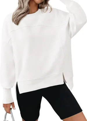 BTFBM Women's Casual Crewneck Sweatshirts 2025 Spring Fall Clothes Long Sleeve Side Slit Workout Fleece Pullover Tops