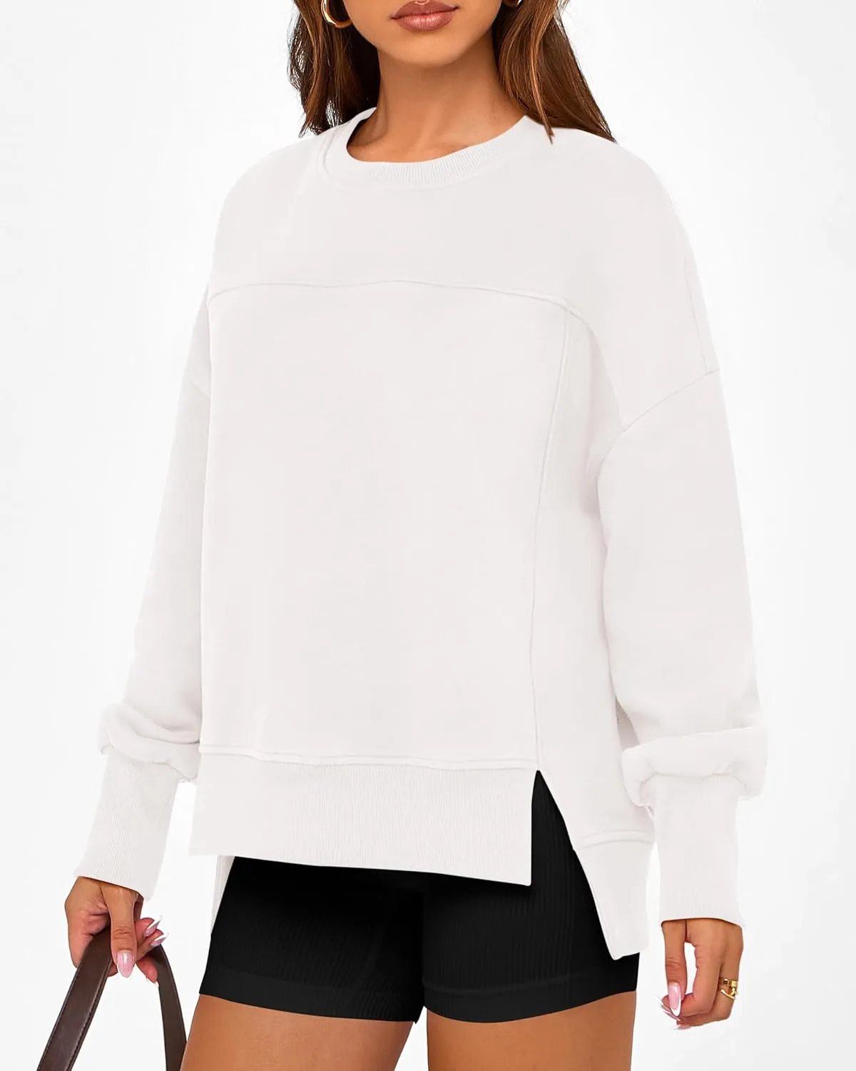 BTFBM Women's Casual Crewneck Sweatshirts 2025 Spring Fall Clothes Long Sleeve Side Slit Workout Fleece Pullover Tops