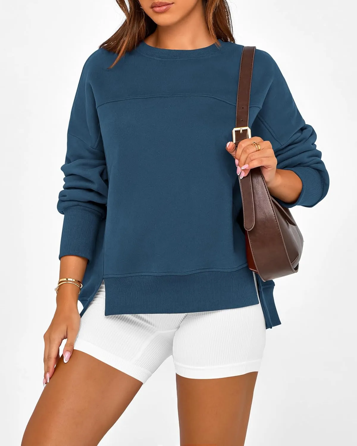 BTFBM Women's Casual Crewneck Sweatshirts 2025 Spring Fall Clothes Long Sleeve Side Slit Workout Fleece Pullover Tops