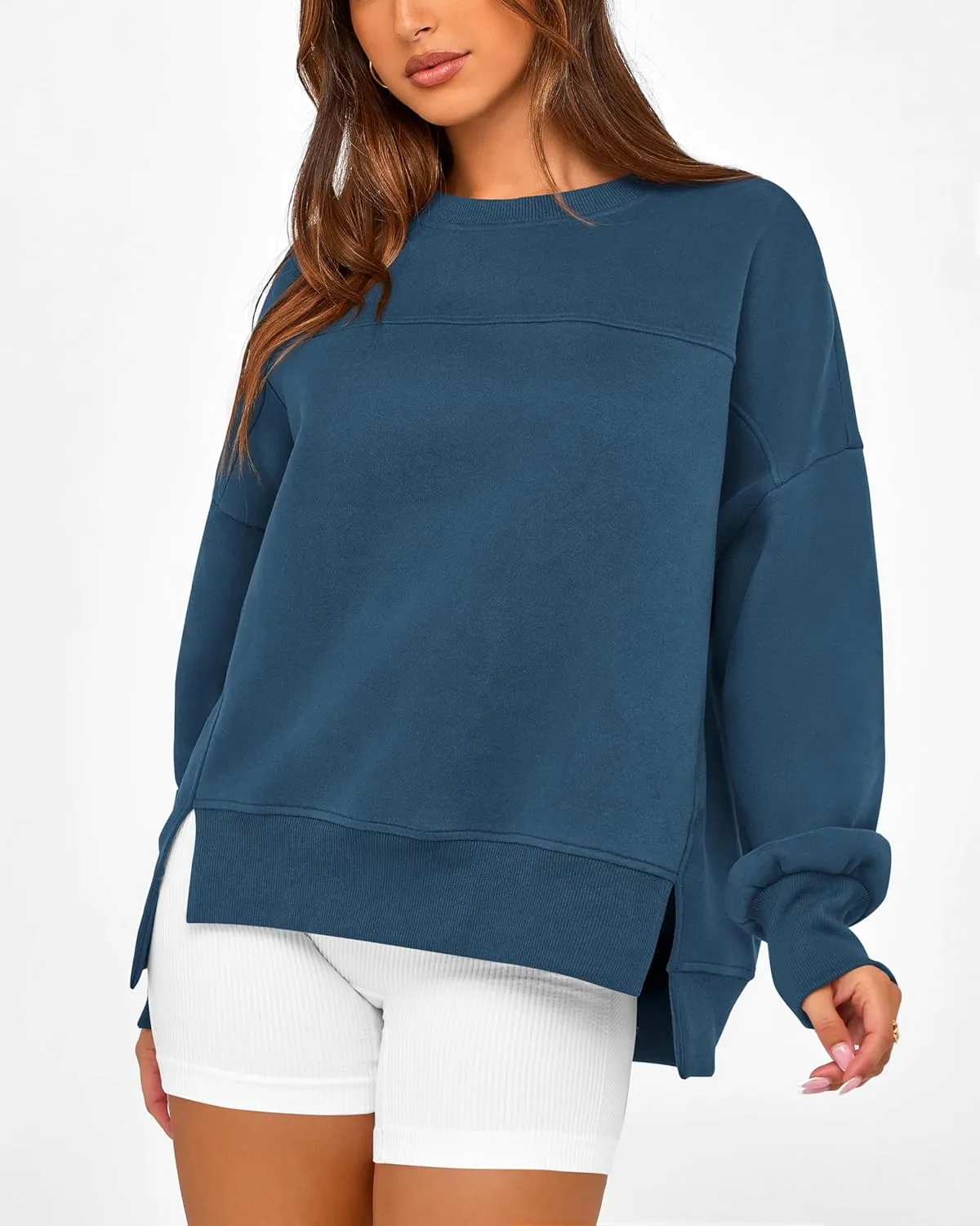 BTFBM Women's Casual Crewneck Sweatshirts 2025 Spring Fall Clothes Long Sleeve Side Slit Workout Fleece Pullover Tops