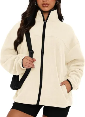 BTFBM Women's Fleece Jackets Fall Winter Clothes 2025 Stand Collar Outwear Jacket Zip Up Casual Fuzzy Coats Pockets