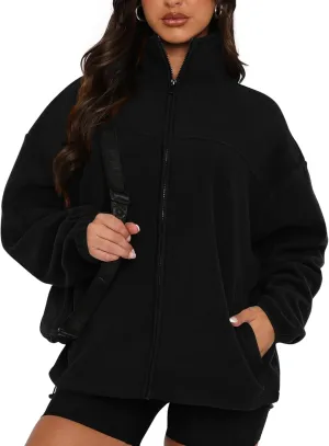 BTFBM Women's Fleece Jackets Fall Winter Clothes 2025 Stand Collar Outwear Jacket Zip Up Casual Fuzzy Coats Pockets