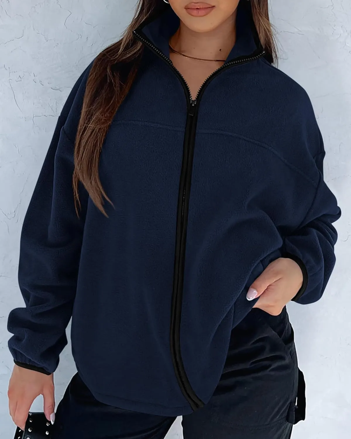 BTFBM Women's Zip Up Fleece Jackets Stand Collar 2024 Fall Winter Outerwear Casual Fuzzy Coats with Pockets
