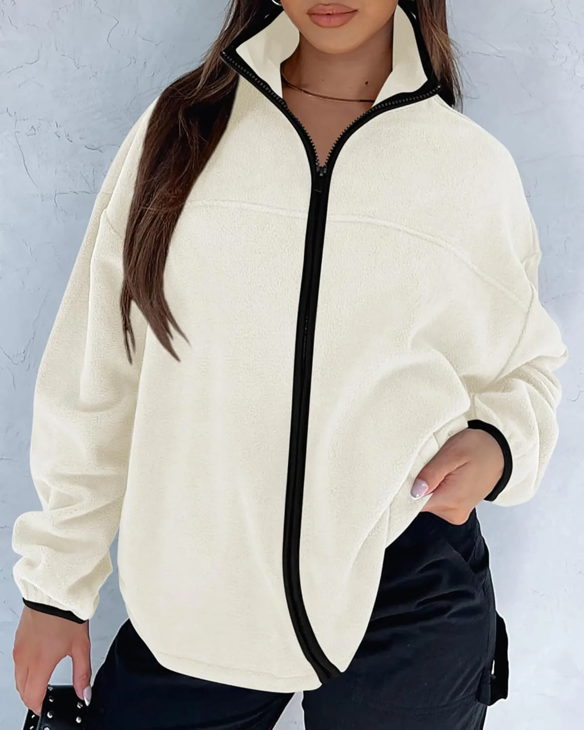 BTFBM Women's Zip Up Fleece Jackets Stand Collar 2024 Fall Winter Outerwear Casual Fuzzy Coats with Pockets