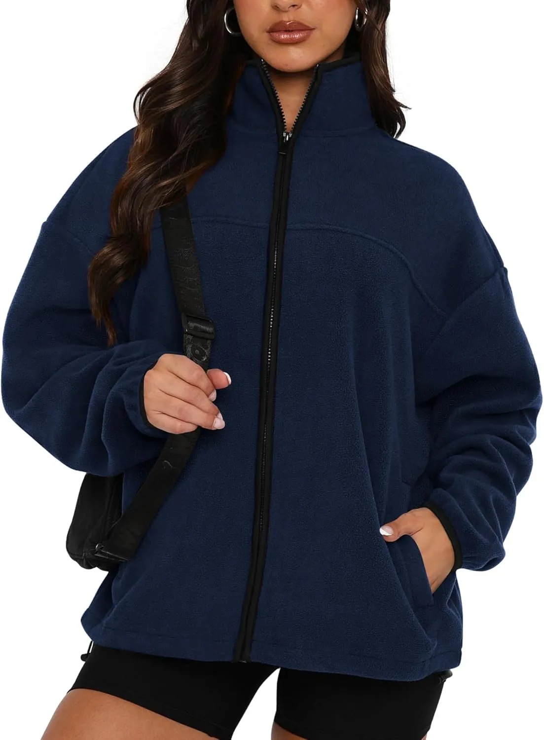 BTFBM Women's Zip Up Fleece Jackets Stand Collar 2024 Fall Winter Outerwear Casual Fuzzy Coats with Pockets