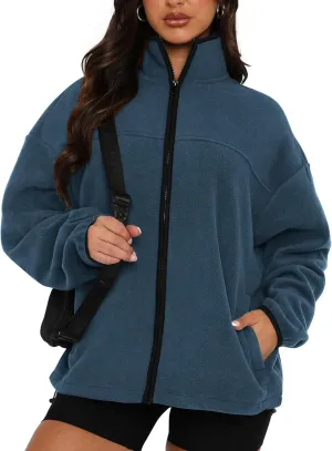 BTFBM Women's Zip Up Fleece Jackets Stand Collar 2024 Fall Winter Outerwear Casual Fuzzy Coats with Pockets