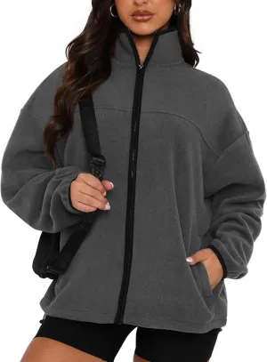 BTFBM Women's Zip Up Fleece Jackets Stand Collar 2024 Fall Winter Outerwear Casual Fuzzy Coats with Pockets