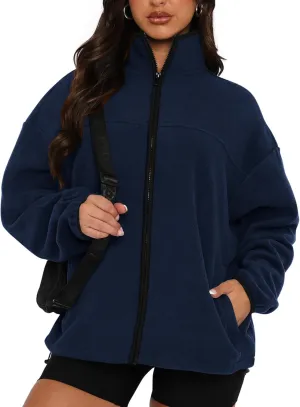 BTFBM Women's Zip Up Fleece Jackets Stand Collar 2024 Fall Winter Outerwear Casual Fuzzy Coats with Pockets