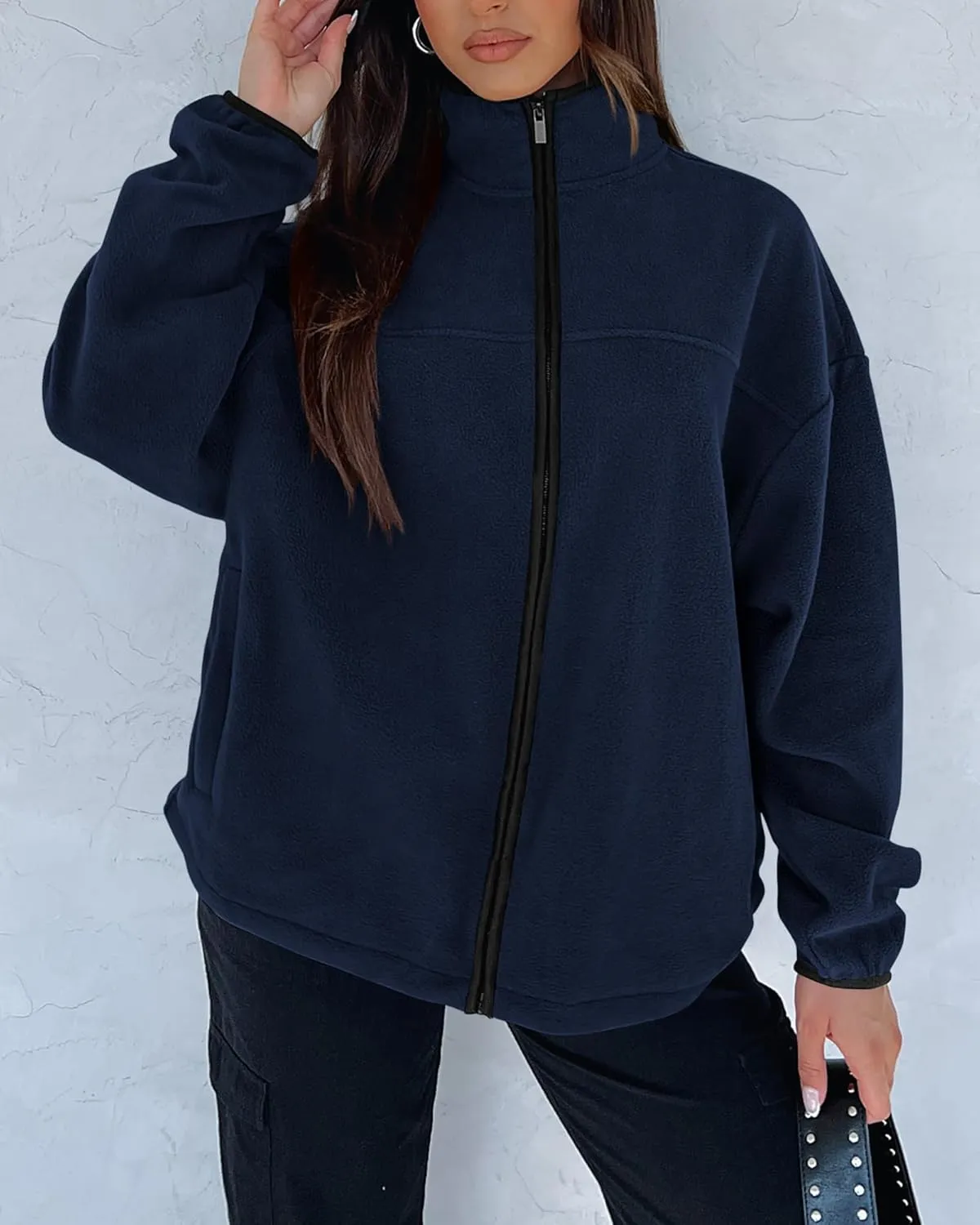 BTFBM Women's Zip Up Fleece Jackets Stand Collar 2024 Fall Winter Outerwear Casual Fuzzy Coats with Pockets