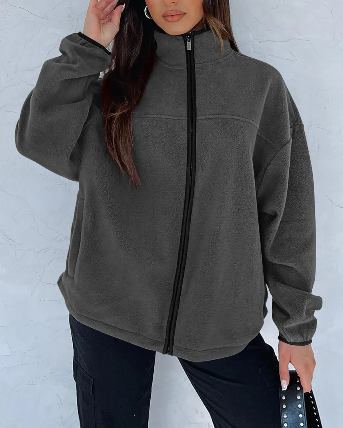 BTFBM Women's Zip Up Fleece Jackets Stand Collar 2024 Fall Winter Outerwear Casual Fuzzy Coats with Pockets