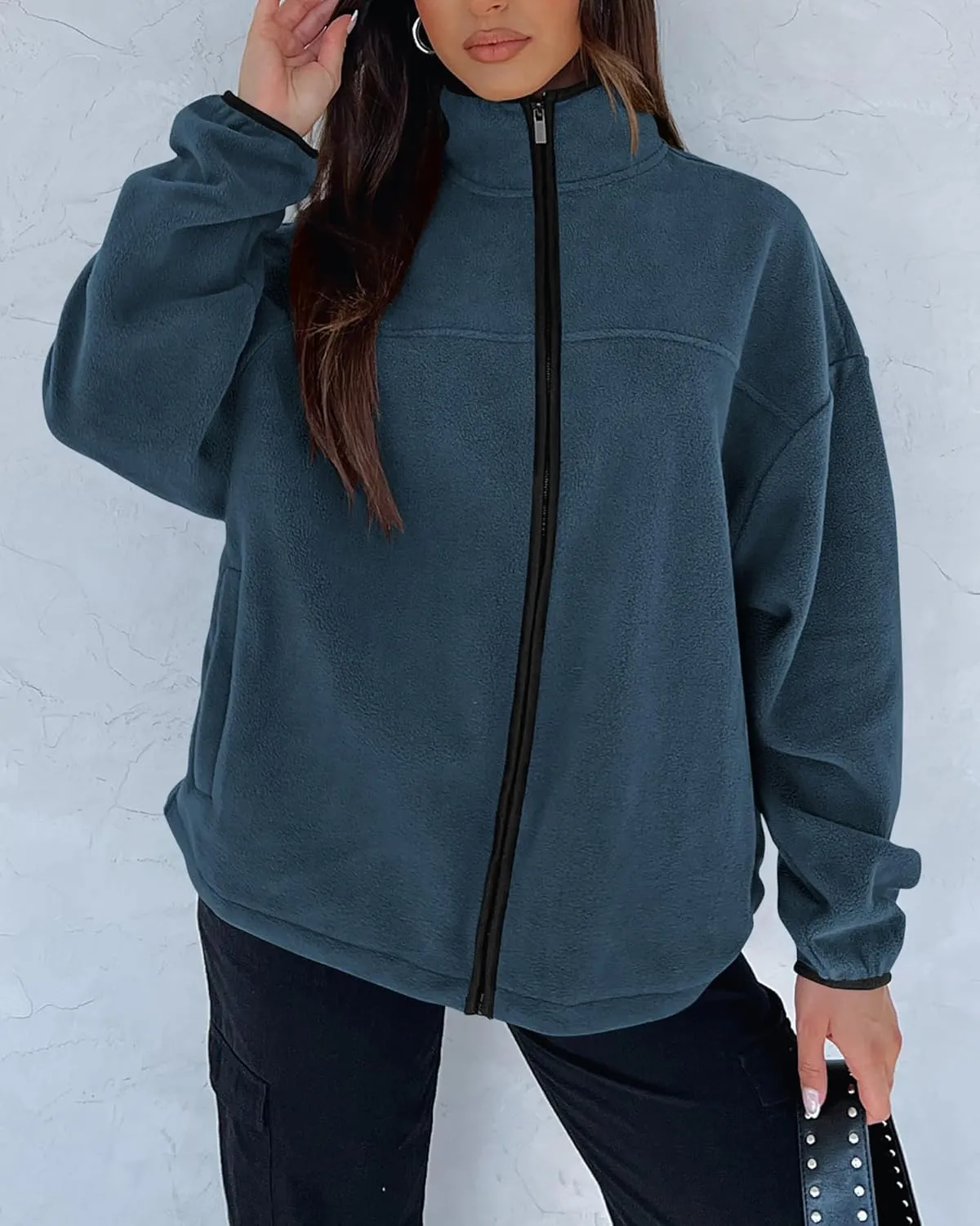BTFBM Women's Zip Up Fleece Jackets Stand Collar 2024 Fall Winter Outerwear Casual Fuzzy Coats with Pockets
