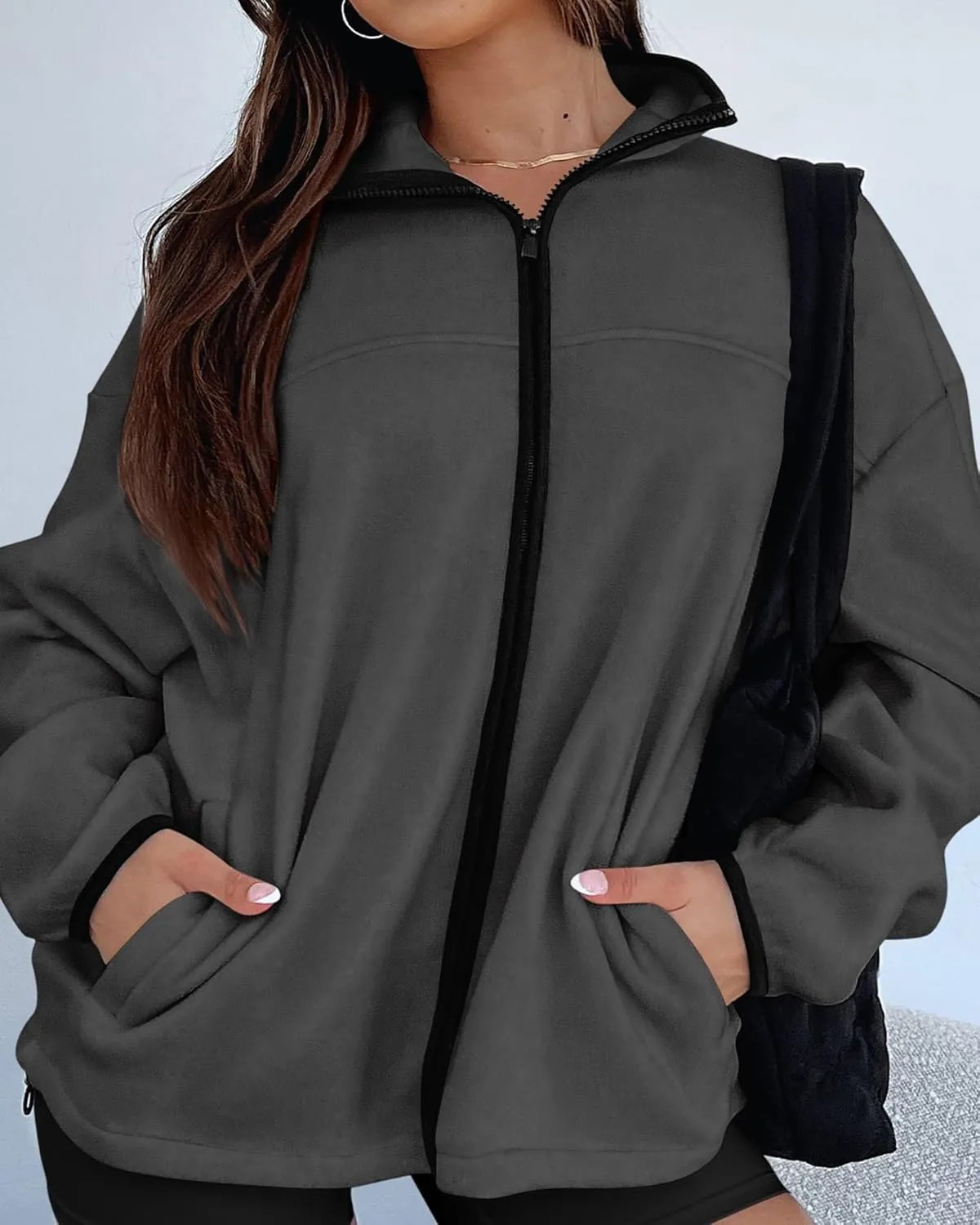 BTFBM Women's Zip Up Fleece Jackets Stand Collar 2024 Fall Winter Outerwear Casual Fuzzy Coats with Pockets